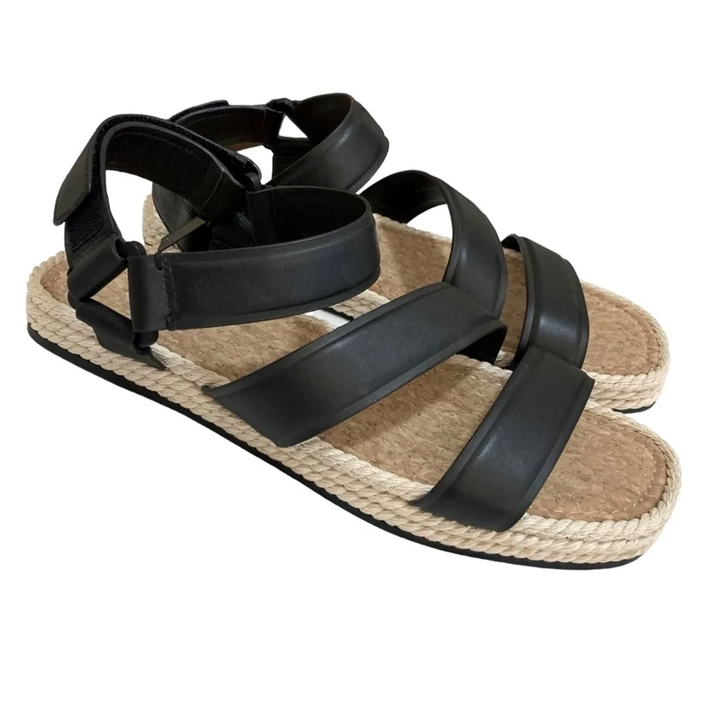 VINCE Elian Black Leather Strappy Platform Espadrille Rope Sandals